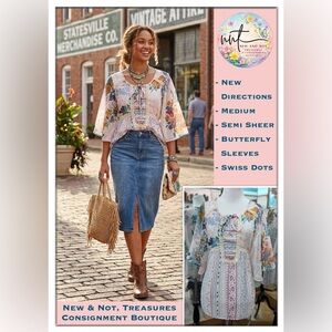 New Directions Boho Floral Sheer Blouse Medium Swiss Dot Lace Peasant Top